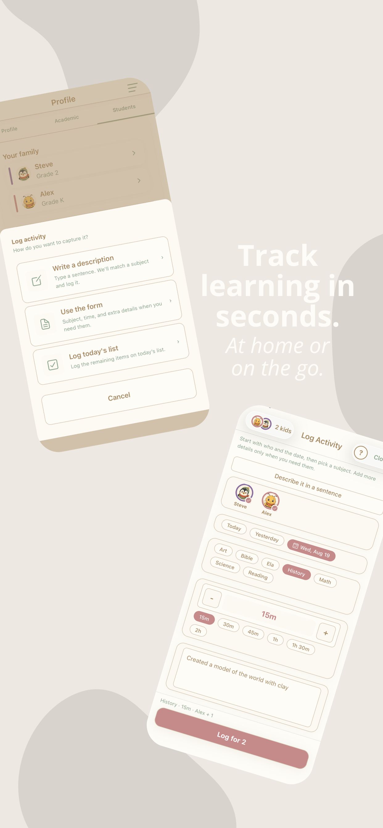 The log activity sheet with three ways to capture learning, and the form for subject, time, and notes.